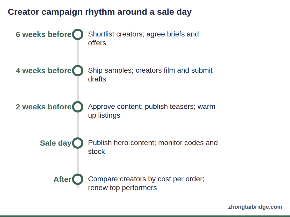 Timeline: Creator campaign rhythm around a sale day