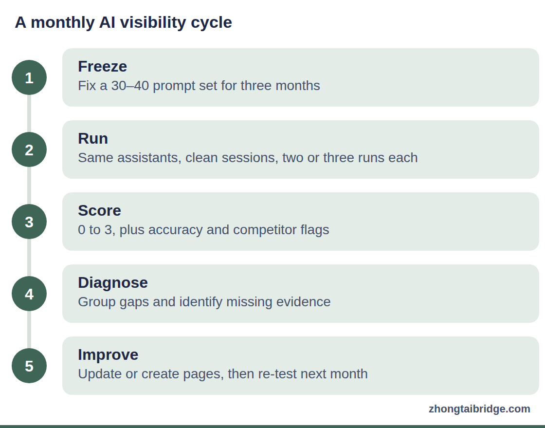 Process diagram: A monthly AI visibility cycle