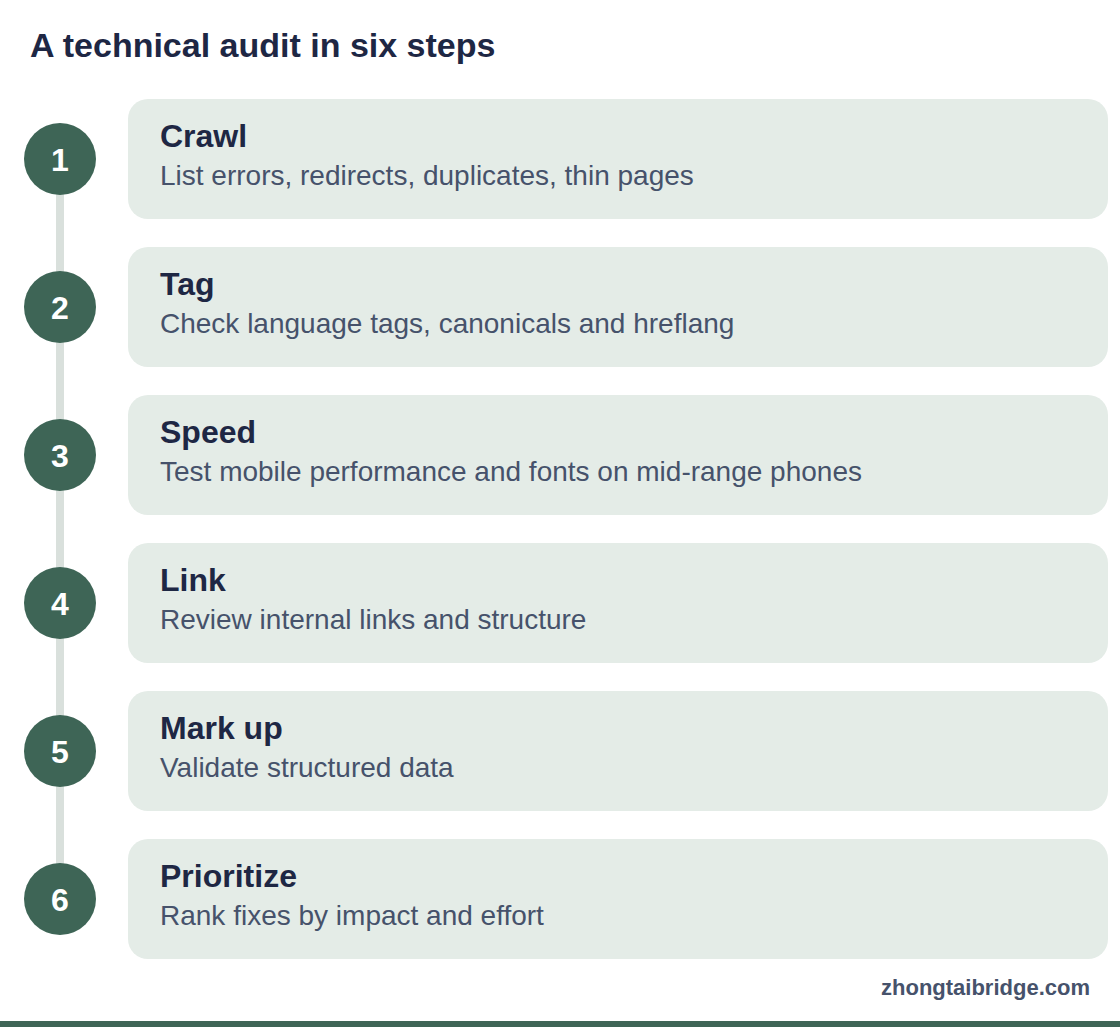 Process diagram: A technical audit in six steps
