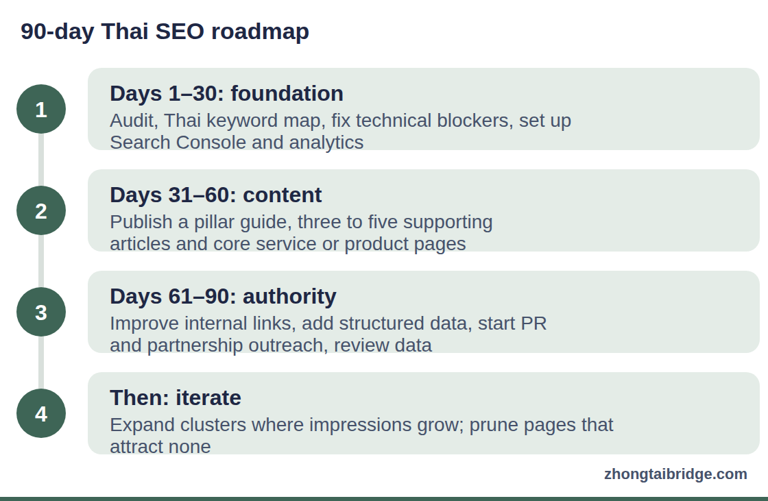 Process diagram: 90-day Thai SEO roadmap